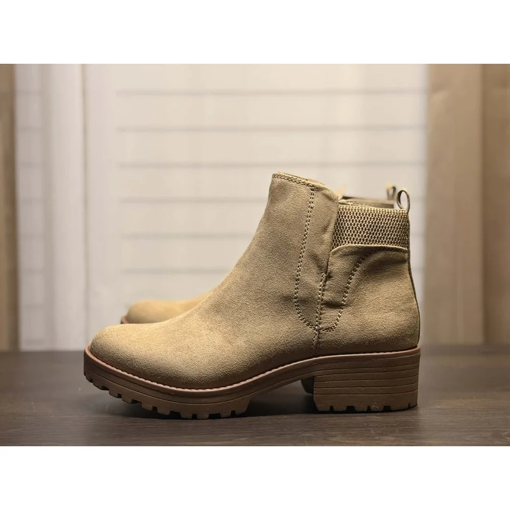 Sun + Stone Faux Microsuede Chelsea Zip On Lug Boots Booties 7.5 M Desert Beige